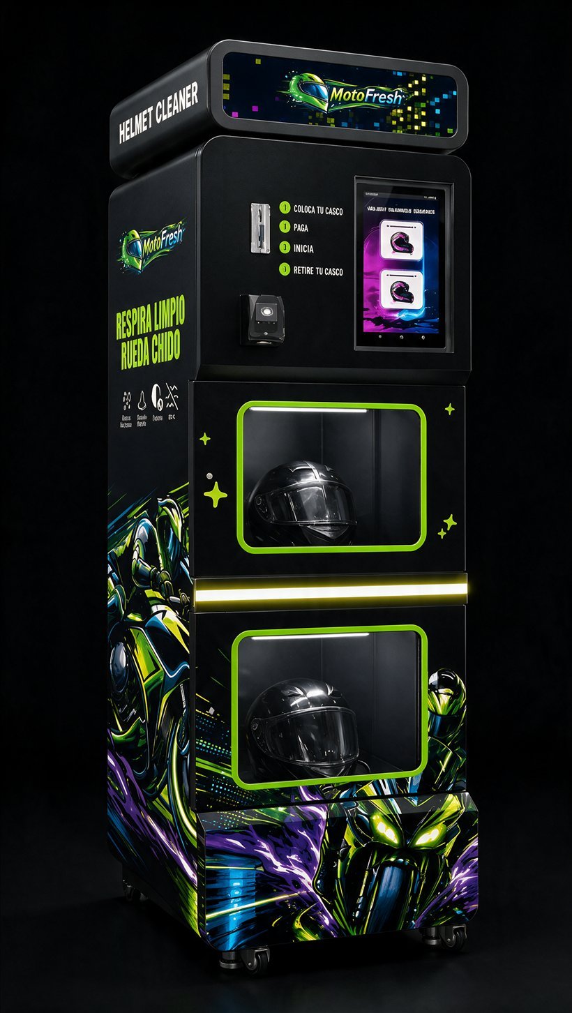 Máquina MotoFresh de sanitizado de cascos, con dos cabinas iluminadas en verde y pantalla táctil.