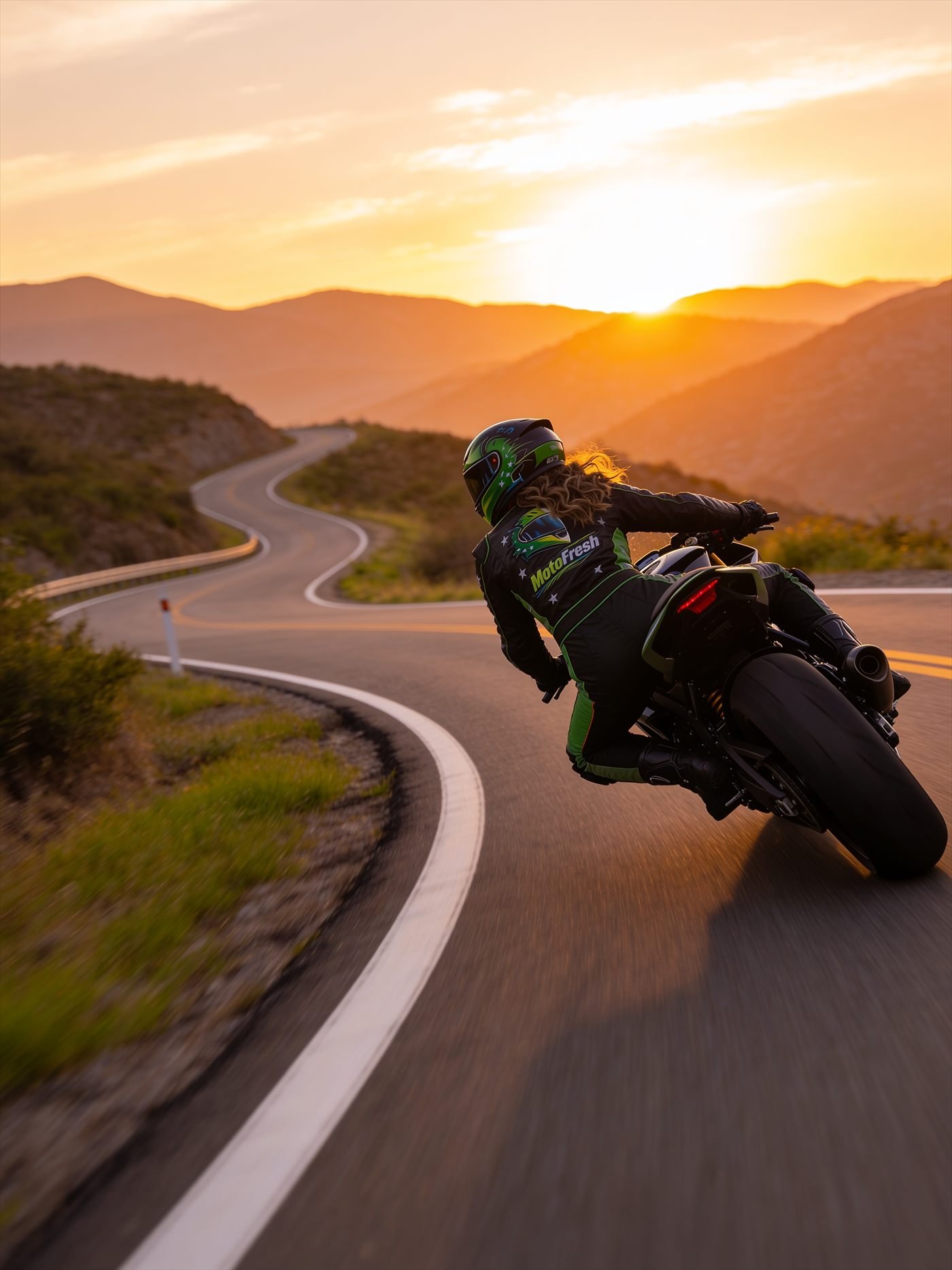 Rider MotoFresh inclinada en una curva de montaña al atardecer.