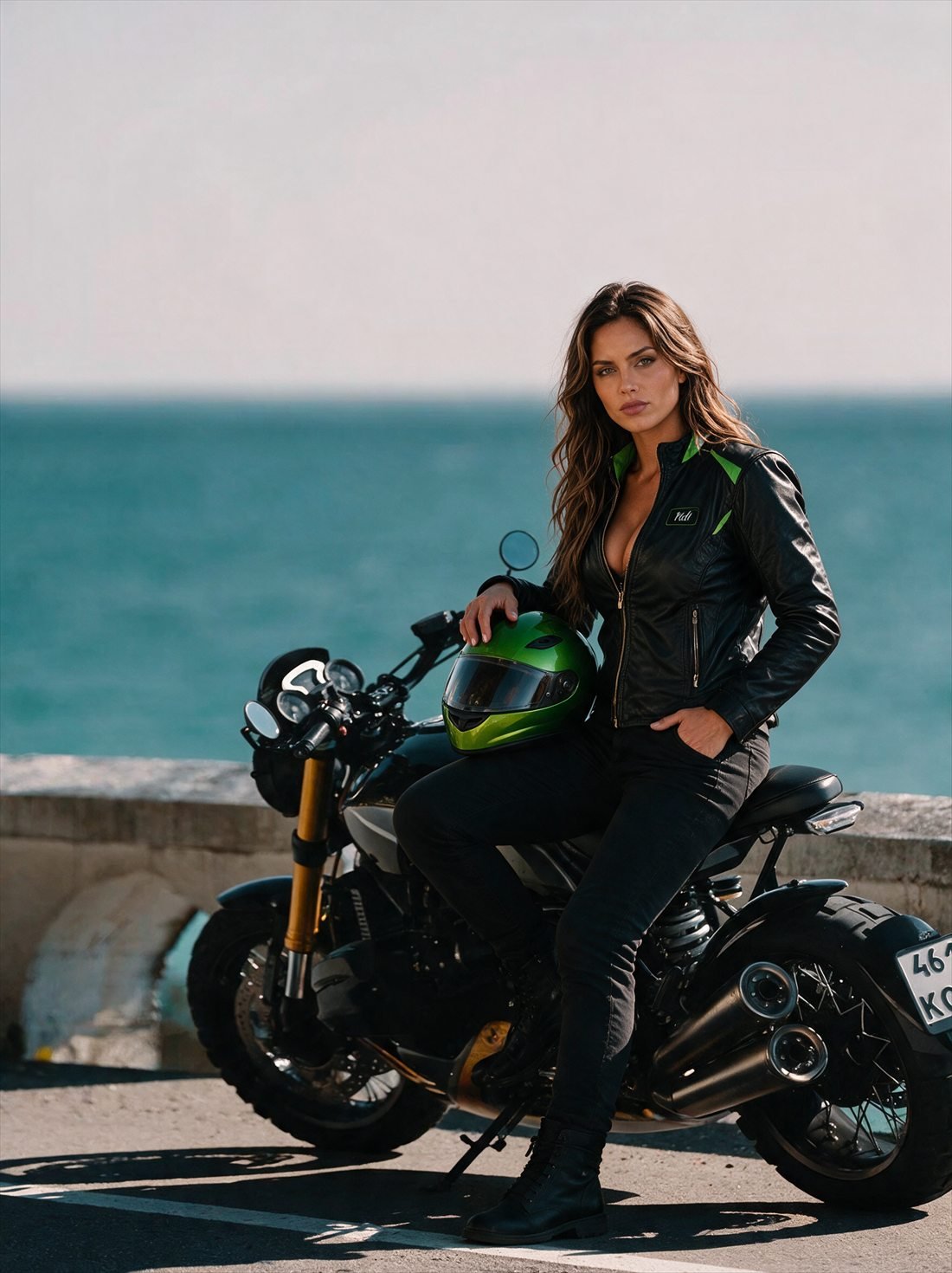 Valeria Cruz con chamarra MotoFresh sentada en su moto frente al mar, con el casco verde en la mano.